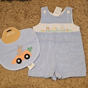 Blue Striped Baby Romper and Bib Set